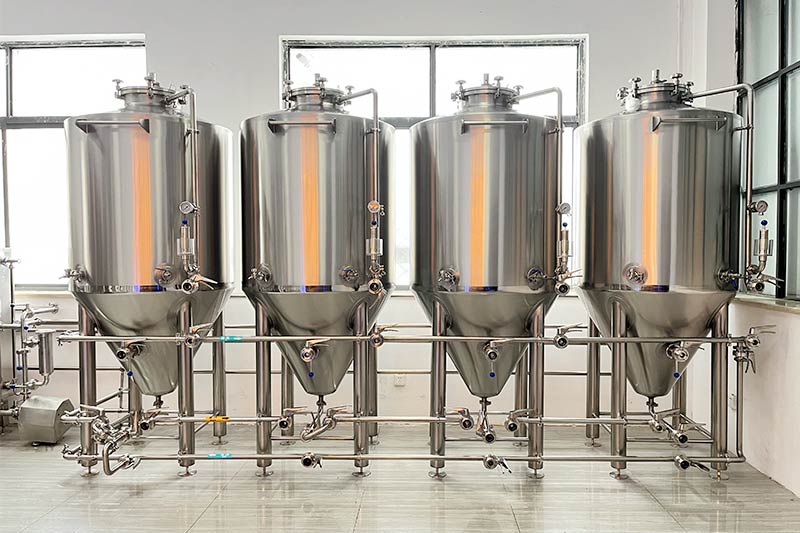 Different types of brewing tanks in a brewery